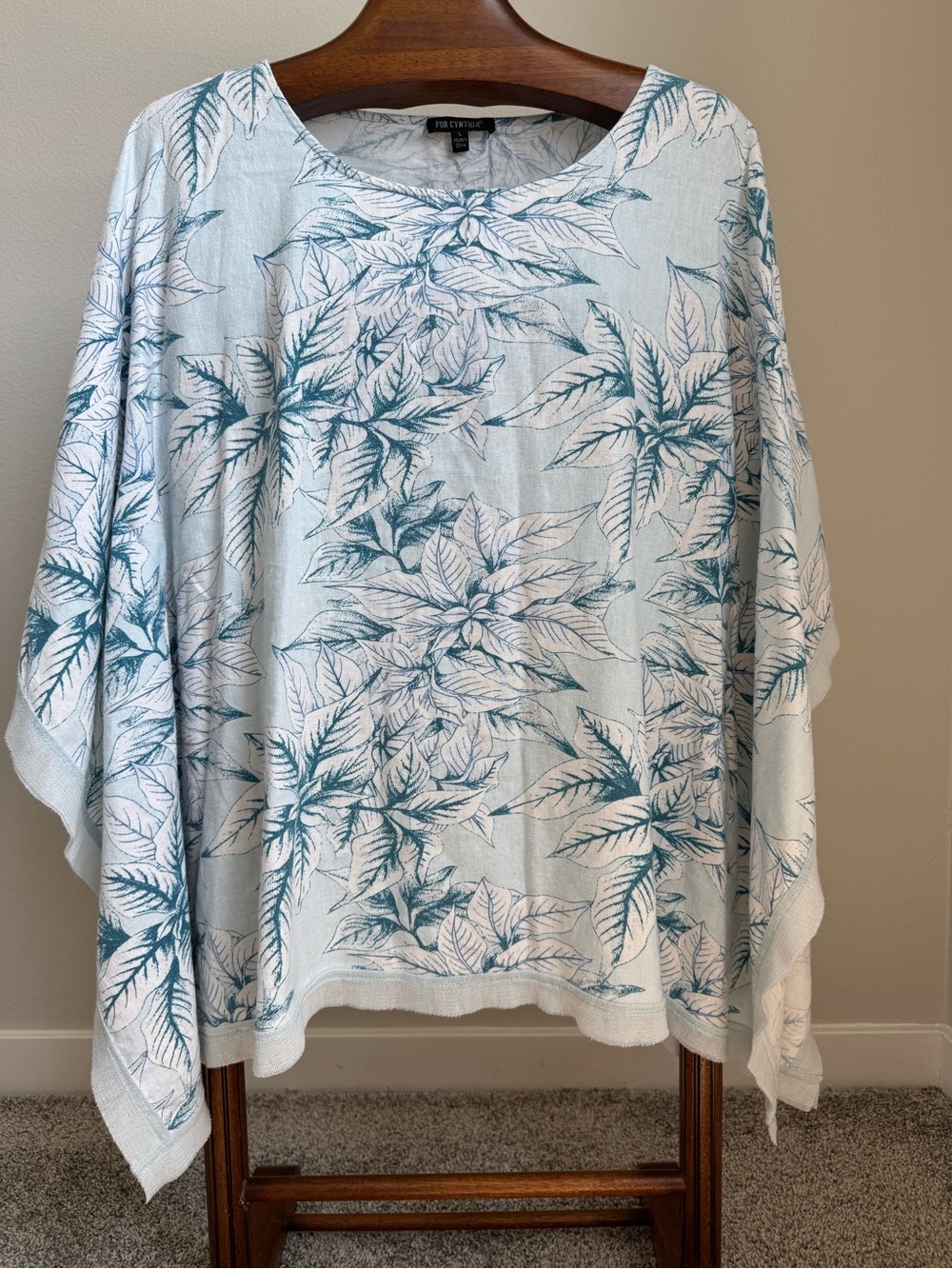 For Cynthia Linen Blend Floral Poncho Top Caftan Tunic Oversized Cover up L